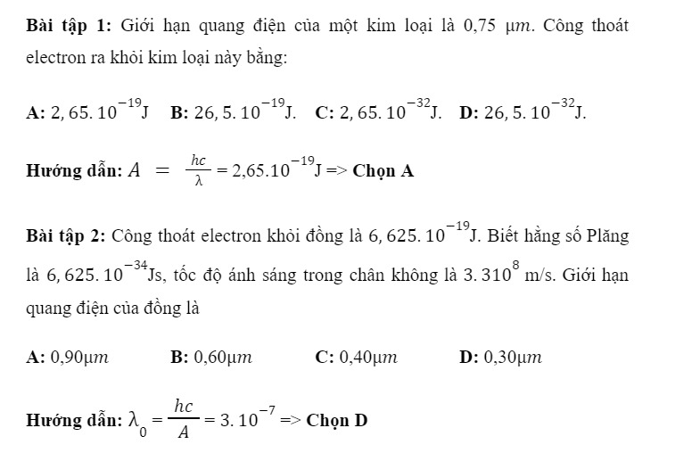 bài tập công thức giới hạn quang điện