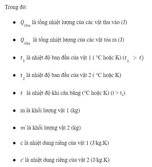 chú thích công thức nhiệt lượng