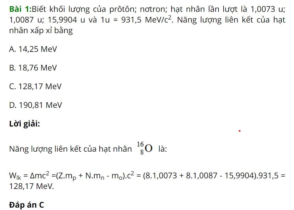 công thức tính năng lượng liên kết bài tập 1