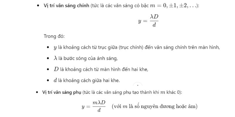 công thức tính vị trí vân sáng chính và phụ