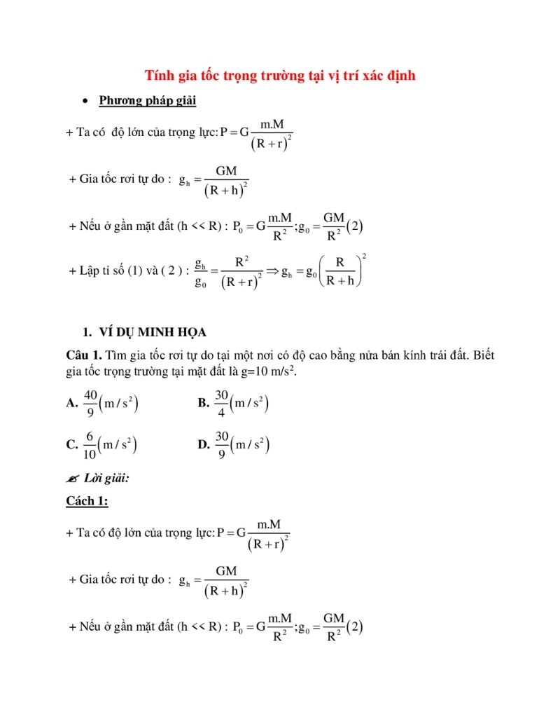 công thức tính gia tốc trọng trường